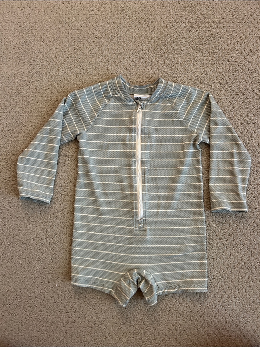 H&M Sage Green and White Striped Zip Front One Piece Swimsuit